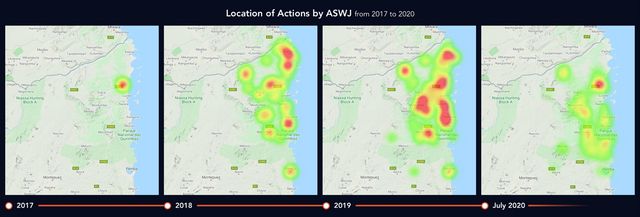 Cluster maps 1 – 4  Locations of actions attributed to ASWJ in Mozambique from October 2017 through July 2020 (ACLED).